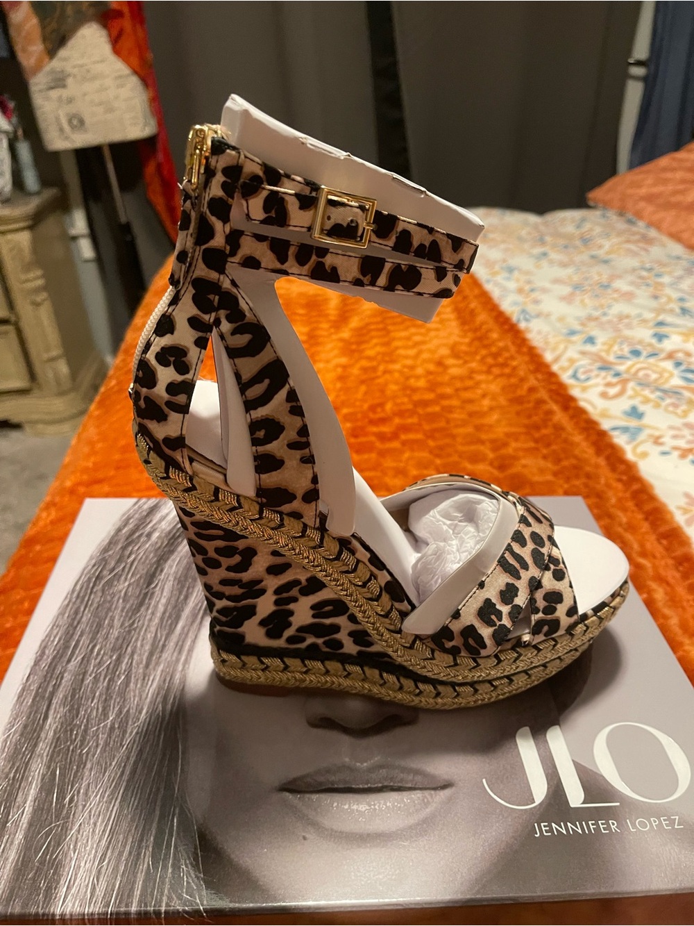 Jennifer Lopez Leopard-Print Ankle Wrap Espadrille Wedges in White and Brown - Picture 3 of 6